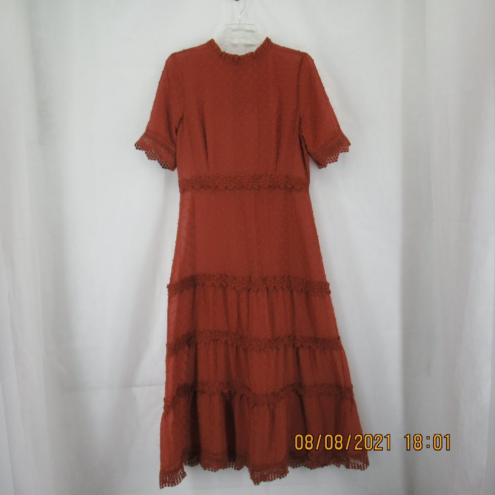 LULUS Dreaming of Rust Swiss Dot  Boho Midi Dress